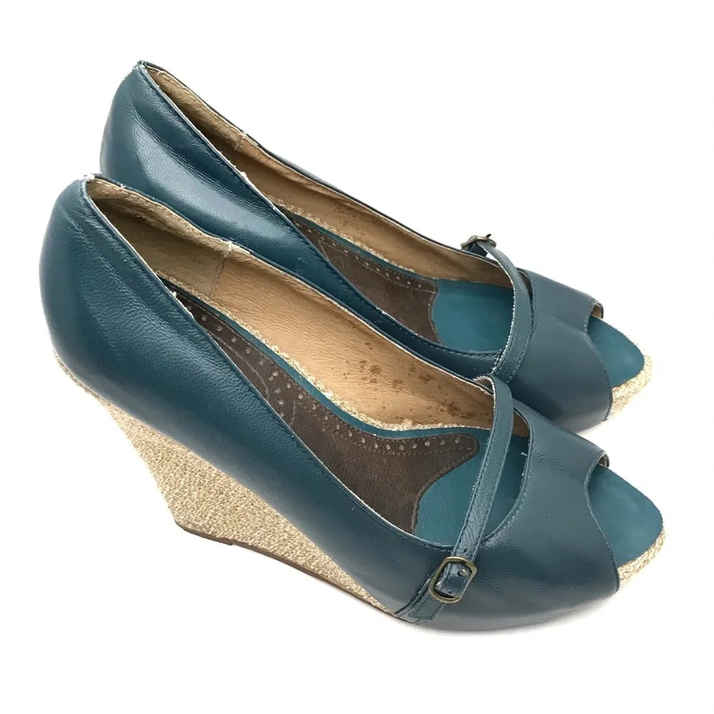 Pink Studio Leather Green Wedge Heel Women 7M Open Toe Anthropologie‎